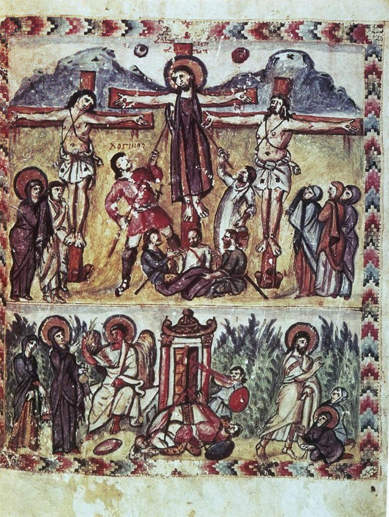 Одно из самых ранних известных изображений распятия на кресте и воскрешения Иисуса (иллюстрированная рукопись Евангелия Rabbula, 6-й век)